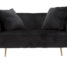 Estila Art deco obdĺžniková prešívaná čalúnená dvojmiestna zamatová čierna sedačka Zeran so zlatými kovovými nožičkami 127 cm