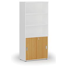 Kombinovaná kancelárska skriňa PRIMO WHITE, zasúvacie dvere na 2 poschodia, 1781 x 800 x 420 mm, biela/buk