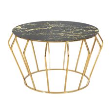 Estila Art deco okrúhly kovový zlatý konferenčný stolík Mino s vrchnou sklenenou doskou s čiernym mramorovým dizajnom 78 cm