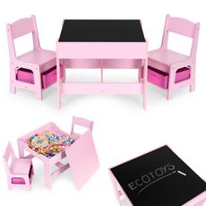 EcoToys Detská zostava nábytku, stôl + 2 stoličky, tabuľa - ružová ECOTOYS