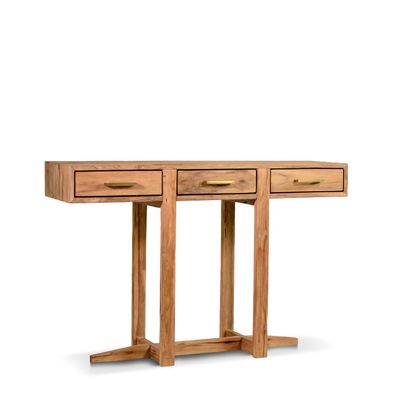 Estila Moderný masívny konzolový stolík Vergil z tekového dreva s tromi zásuvkami v prírodnej hnedej farbe 130 cm