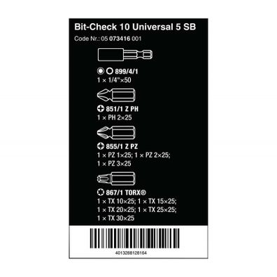 Wera 073416 Bit-Check 10 Universal 5 SB s držiakom 899/4/1 (sada 10 kusov)