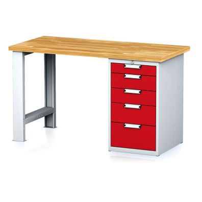Dielenský pracovný stôl MECHANIC I, pevná noha + dielenský box na náradie, 5 zásuviek, 1500 x 685 x 880 mm, červené dvere