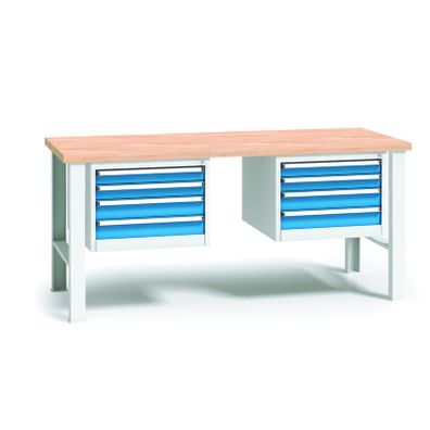 Pracovný stôl do dielne WL s 2 závesnými boxami na náradie, buková škárovka, 8 zásuviek, pevné kovové nohy, 1700 mm