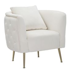 Estila Art deco štvorcové čalúnené prešívané kreslo Zeran v krémovej zamatovej farbe so zlatými kovovými nožičkami 76 cm