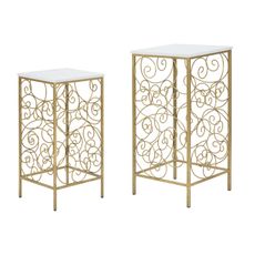 Estila Art deco set štvorcových kovových zlatých príručných stolíkov Lana s doskou s mramorovým bielym dizajnom 70 cm