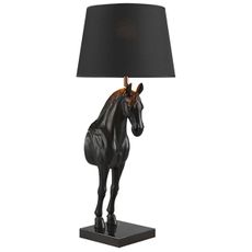 Estila Moderná stolná lampa Equina s čiernym tienidlom so zlatým vnútrom a čiernou akrylovou sochou koňa na mramorovej podstave 75 cm