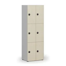 Drevená šatníková skrinka s úložnými boxmi, 6 boxov, RFID zámok, sivá/breza