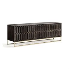 Estila Luxusný art deco televízny stolík Eclair so štyrmi dvierkami s ozdobným reliéfom a zlatými nožičkami čokoládová hnedá 200 cm