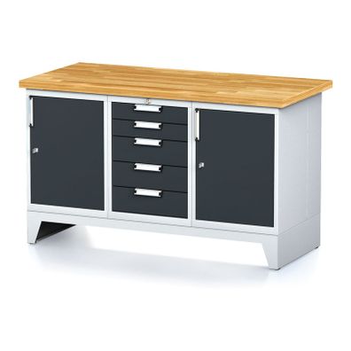 Dielenský stôl MECHANIC I, 2 skrinky a zásuvkový box na náradie, 5 zásuviek, 1500x685x880 mm, antracitové dvere