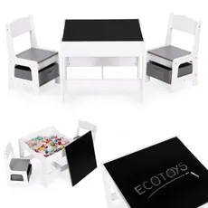 EcoToys Detská zostava nábytku, stôl + 2 stoličky, tabuľa - biela ECOTOYS