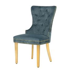 Estila Glamour čalúnená prešívaná zamatová modrá jedálenská stolička Modern Barock so zlatými kovovými nožičkami a klopkadlom 98 cm