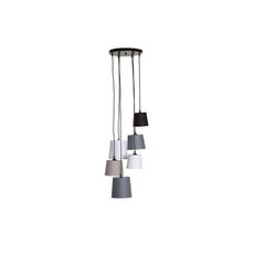 Estila Moderný štýlový luster Levels so šiestimi ľanovými tienidlami v odtieňoch sivej bielej čiernej a béžovej 135 cm