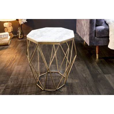 Estila Moderný biely príručný stolík Diamond Marble s mosadznou podstavou v prevedení mramor 50cm