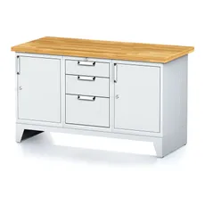 Dielenský stôl MECHANIC I, 2 skrinky a zásuvkový box na náradie, 3 zásuvky, 1500x685x880 mm, sivé dvere