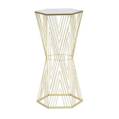 Estila Dizajnový glamour šesťuholníkový príručný stolík Dimension so zrkadlovou doskou a geometrickou podstavou v zlatej farbe 80 cm