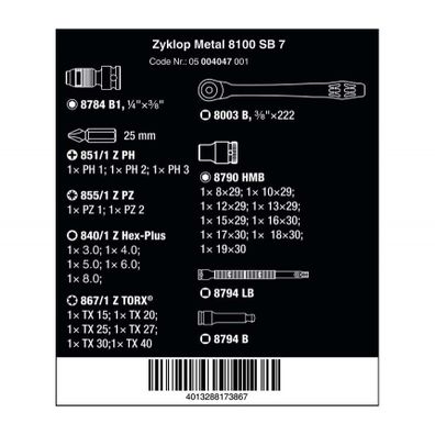 Wera 004047 Sada račňových kľúčov 3/8" 8100 SB 7 Zyklop Metal s priechodným štvorhranom (sada 29 dielov)