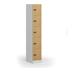 Šatníková skrinka s úložnými boxmi, 5 boxov, 1850 x 300 x 500 mm, mechanický kódový zámok, laminované dvere, buk