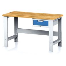 Nastaviteľný dielenský stôl MECHANIC I, závesný box na náradie, 1 zásuvka, 1500x685x700-1055 mm, modré dvere
