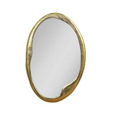 Estila Art deco závesné zrkadlo Auri s atypickým oválnym tvarom a zlatým kovovým rámom so zadnou dyhovanou výstužou 74 cm