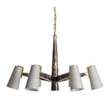 Estila Luxusný art deco šesťramenný luster Glauton s čiernou mramorovou konštrukciou so zlatými detailmi a sivými tienidlami 98 cm