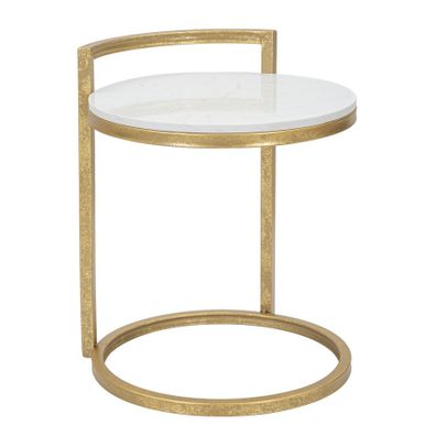 Estila Dizajnový glamour biely príručný stolík Aurelia okrúhleho tvaru s mramorovým vzorom so zlatou konštrukciou 50 cm