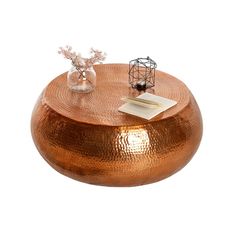 Estila Glamour okrúhly konferenčný stolík Hammerblow z kovu v bronzovej farbe s kladivkovým zdobením a úložným priestorom 80 cm