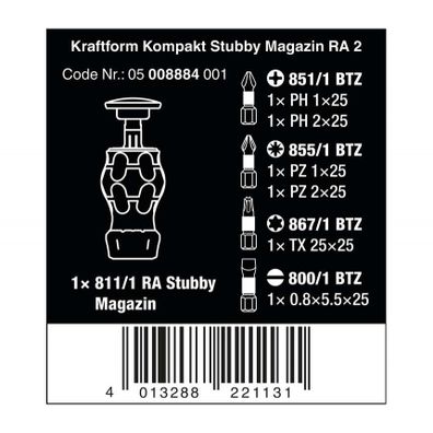 Wera 008884 Skrutkovač s račňou Kraftform Kompakt Stubby Magazin RA 2 (sada 6 ks)