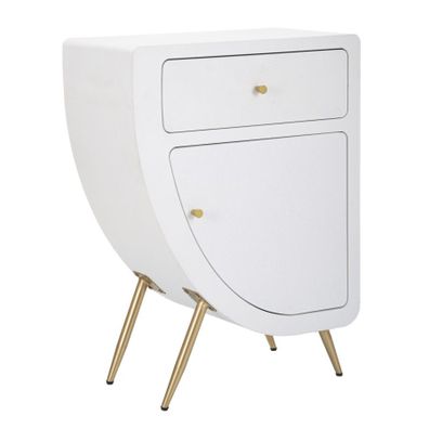 Estila Art deco atypický biely nočný stolík Anila s jednou zásuvkou a jednými dvierkami so zlatými kovovými detailmi 79 cm