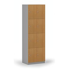 Drevená šatníková skrinka s úložnými boxmi, 8 boxov, cylindrický zámok, sivá/buk