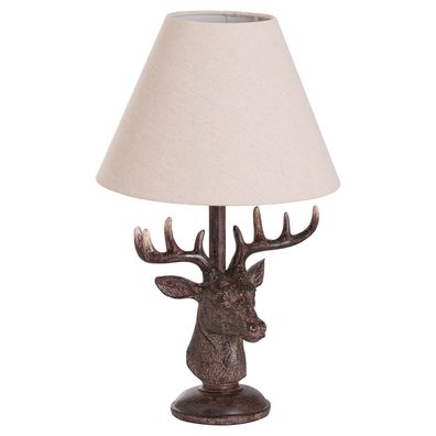 Estila Vidiecka hnedá stolná lampa Cervato v tvare jeleňa s bledým textilným tienidlom 48cm