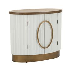 Estila Art deco dvojdvierkový oválny konzolový stolík Glamia Blanc s hnedou drevenou doskou a vrúbkovaným krémovým korpusom 79 cm