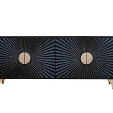Estila Dizajnový art deco štvordverový čierny príborník Guzman s ozdobným reliéfom slnečných lúčov a zlatými detailmi 177 cm