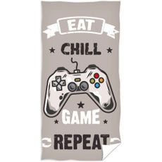 Veľká plážová osuška Eat, Chill, Game & Repeat - 100 % bavlna s vysokou gramážou 400 g/m²  - extra veľký rozmer 90 × 180 cm