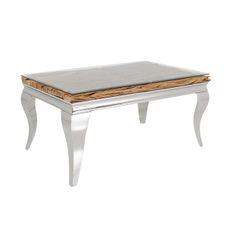 Estila Luxusný dizajnový obdĺžnikový konferenčný stolík Modern Barock s chrómovou podstavou a doskou zo skla a masívneho dreva 100 cm