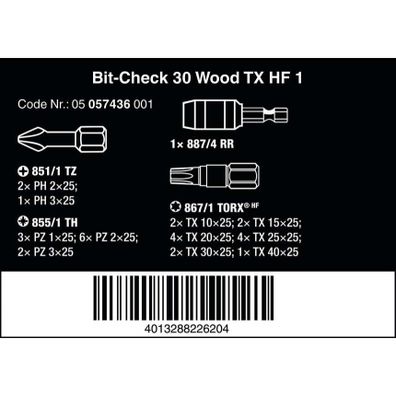 Wera 0574356 Skrutkovacie bity 1/4" Bit-Check 30 Wood TX HF 1 (sada 30 kusov)