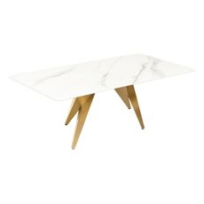 Estila Glamour mramorový obdĺžnikový konferenčný stolík Arturo s bielou doskou a dizajnovou zlatou geometrickou podstavou 130 cm
