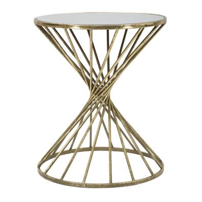 Estila Art deco príručný stolík Elizia so zlatou kovovou konštrukciou a okrúhlou zrkadlovou doskou so špirálovým dizajnom 50 cm