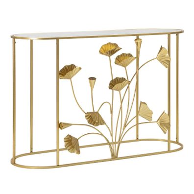 Estila Dizajnový glamour zlatý konzolový stolík Natura Elegante s florálnym zdobením a oválnou zrkadlovou vrchnou doskou 120 cm