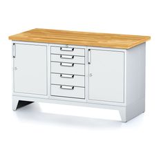 Dielenský stôl MECHANIC I, 2 skrinky a zásuvkový box na náradie, 5 zásuviek, 1500x685x880 mm, sivé dvere