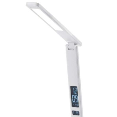 LED stolná lampa, bezdrôtové nabíjanie, voľba intenzity svetla, s displejom, hodiny, budík, teplomer, 4 W, biela