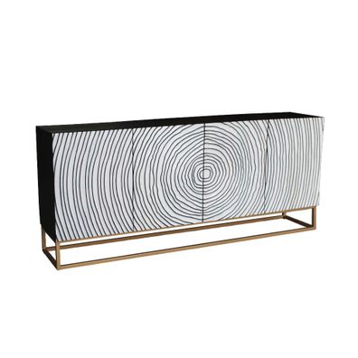 Estila Dizajnový art deco čierno biely príborník Tocón s metalickou zlatou podstavou a reliéfnym zdobením štyroch dvierok 177 cm