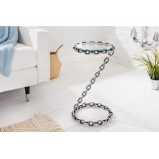 Estila Moderný dizajnový príručný stolík Belime Silver s kovovou reťazovou konštrukciou a okrúhlou doskou zo skla 55cm