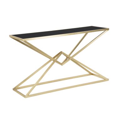 Estila Dizajnový art deco konzolový stolík Triangolo Oro s obdĺžnikovou doskou z čierneho skla a geometrickou zlatou podstavou 130 cm