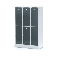 Šatníková skrinka na sokli s úložnými boxami, 6 boxov, 1920 x 1200 x 500 mm, cylindrický zámok, tmavosivé dvere