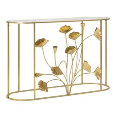 Estila Dizajnový glamour zlatý konzolový stolík Natura Elegante s florálnym zdobením a oválnou zrkadlovou vrchnou doskou 120 cm
