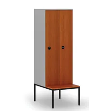 Drevená šatníková skrinka s lavičkou, 2 oddiely, 1871 x 600 x 500/800 mm, RFID zámok, sivá/čerešňa