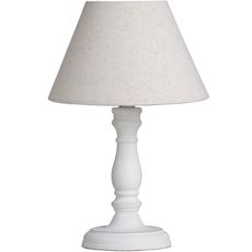 Estila Provensálska biela nočná lampa CYRENE s drevenou vyrezávanou podstavou a ľanovým tienidlom 30cm
