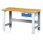 Nastaviteľný dielenský stôl MECHANIC I, závesný box na náradie, 1 zásuvka, 1500x685x700-1055 mm, modré dvere
