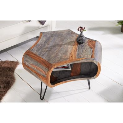 Estila Masívny retro konferenčný stolík Spin III s oblými rezanými tvarmi zo sheesham dreva v hnedo-sivom prevedení 60cm